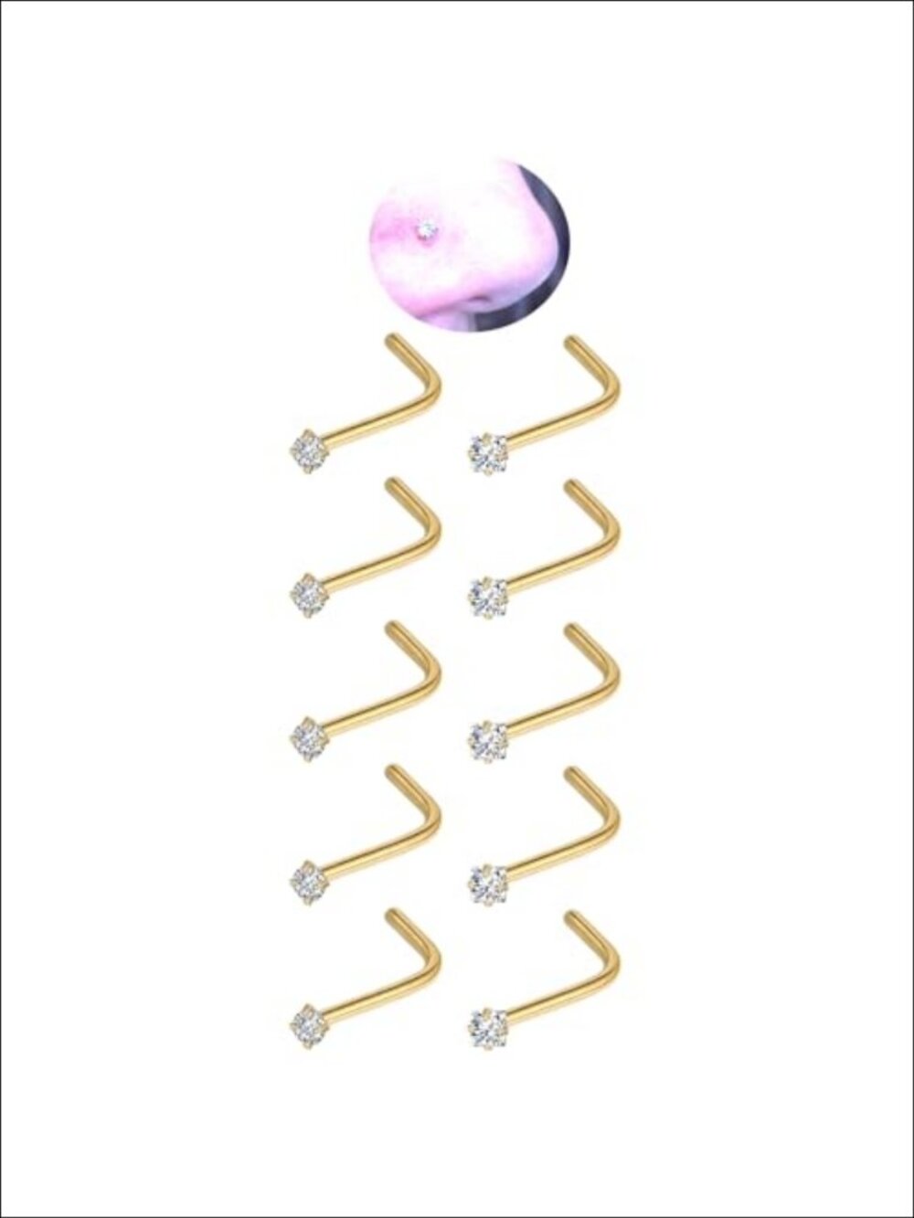 20G Nose Studs 316L Stainless Steel Hypoallergenic CZ Screw Back 10pc Set